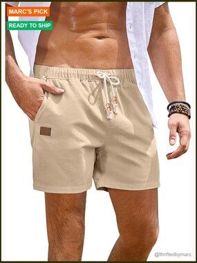 Men's Cotton Linen Shorts Elastic Waist Drawstring Pockets Lightweight
